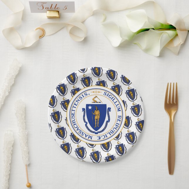 Massachusite Flag & Seal, Massachusetts Paper Plates (Wedding)