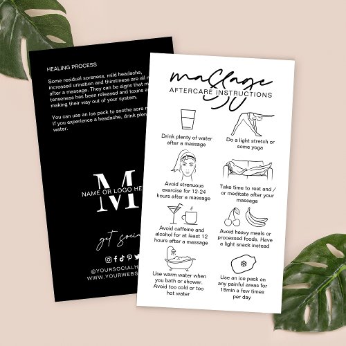Massage Aftercare Instructions Minimalist Masseuse Business Card