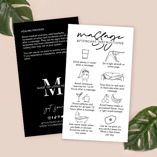 Customizable Massage Aftercare Instructions Minimalist Masseuse Business Card