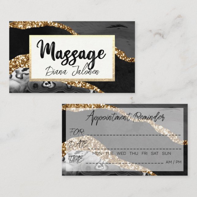 Massage Appointment Reminder Gold Black Marble Business Card (Front/Back)