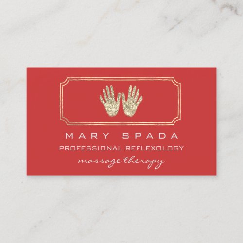 Massage Reflexology Glitter Hands Gold QR Code Red Business Card