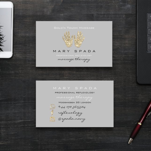 Massage Reflexology Glitter Hands Reiki Gray Gold Business Card (Massage Reflexology Glitter Hands Reiki Gray Gold Business Card)