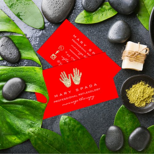 Massage Reflexology Glitter Hands Reiki Red Gold Business Card