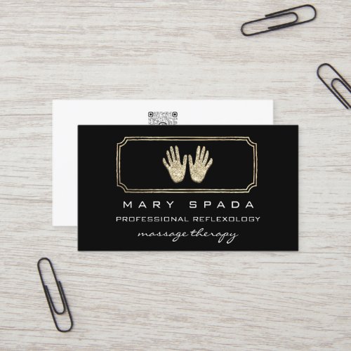 Massage Reflexology Glitter Hands White Gold QR Business Card
