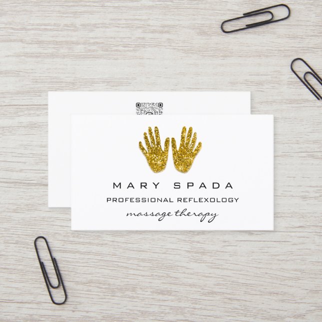Massage Reflexology Glitter Hands WhiteGold QRCODE Business Card (Front/Back In Situ)
