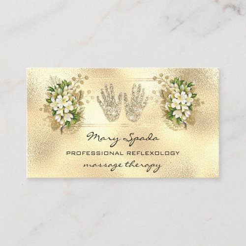 Massage Reflexology Reiki Hands Gold QRCode Floral Business Card