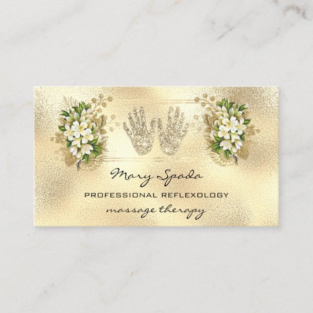 Massage Reflexology Reiki Hands Gold QRCode Floral Business Card (Front)