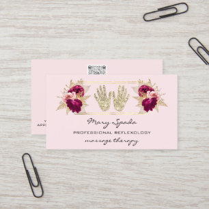 Massage Reflexology Reiki Hands Gold QRCode Floral Business Card
