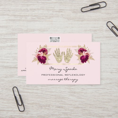 Massage Reflexology Reiki Hands Gold QRCode Floral Business Card