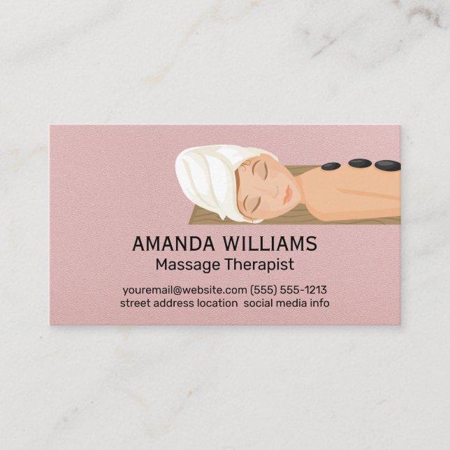 Massage Session | Woman Laying Down | Heat Stones Business Card (Front)