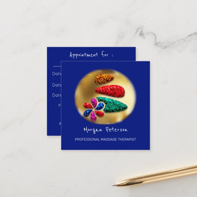 Massage Spa Wellness Flower Gold Logo Stone Navy Appointment Card (Front/Back In Situ)