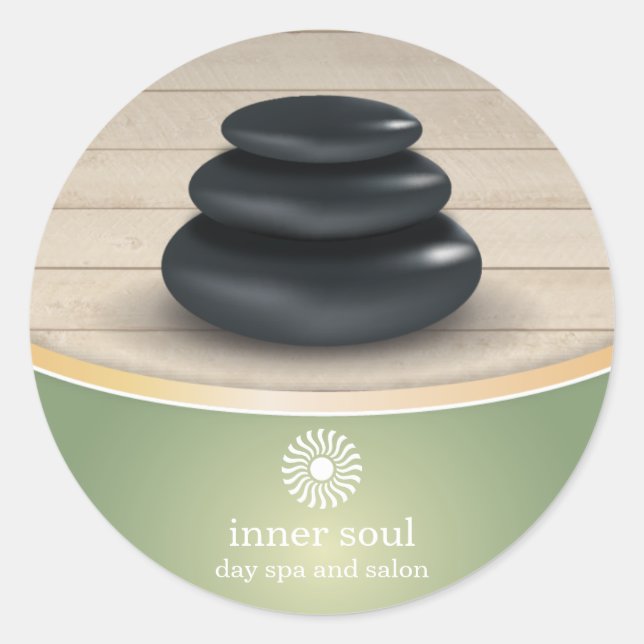Massage Stones on Wood Spa Sage Green Classic Round Sticker (Front)