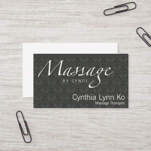 Customizable Massage Text on Gray Damask Business Cards