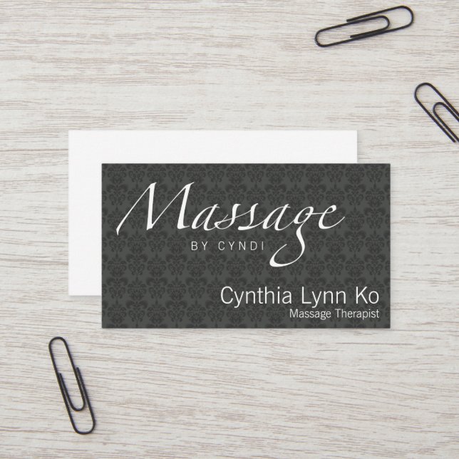 Massage Text on Gray Damask Business Card (Front/Back In Situ)