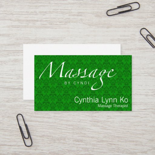 Customizable Massage Text on Green Damask Business Cards