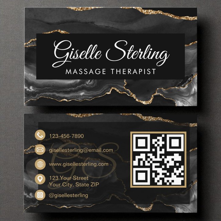 Massage Therapist Artist QR Code Black Gold Agate Business Card