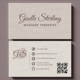 Massage Therapist Beige Linen Elegant QR Code Business Card