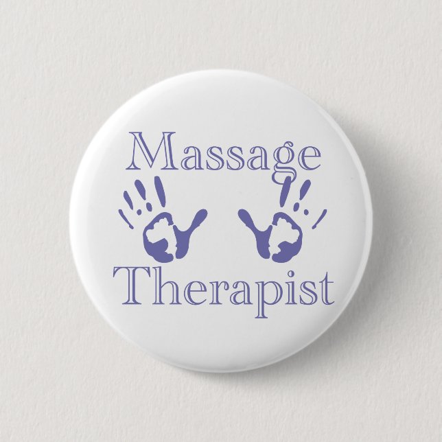 Massage Therapist: Blue Hand Prints Pinback Button (Front)