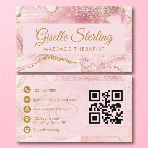 Customizable Massage Therapist Blush Pink Gold Agate QR Code Business Card