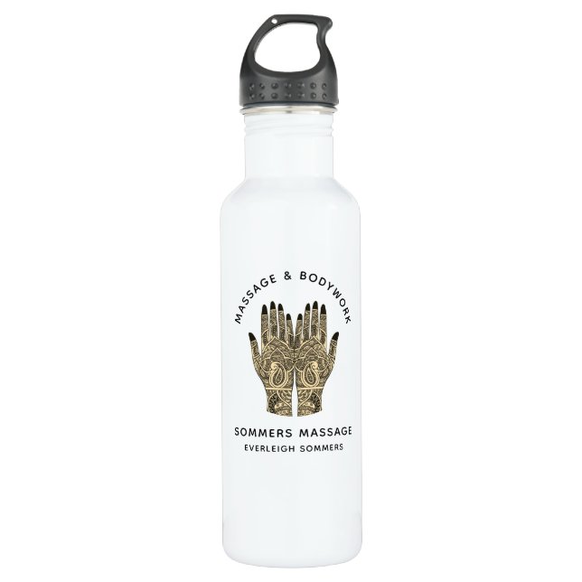 Massage Therapist Body Work Mehndi Henna Hands Stainless Steel Water Bottle (Front)