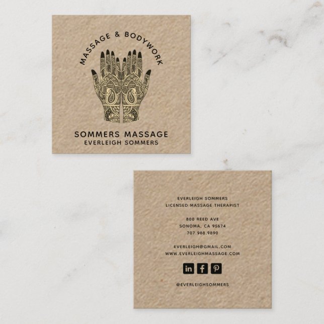 Massage Therapist Body Work Mehndi Henna Kraft Squ Square Business Card (Front/Back)