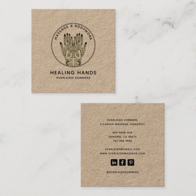 Massage Therapist Body Work Mehndi Henna Kraft Square Business Card (Front/Back)
