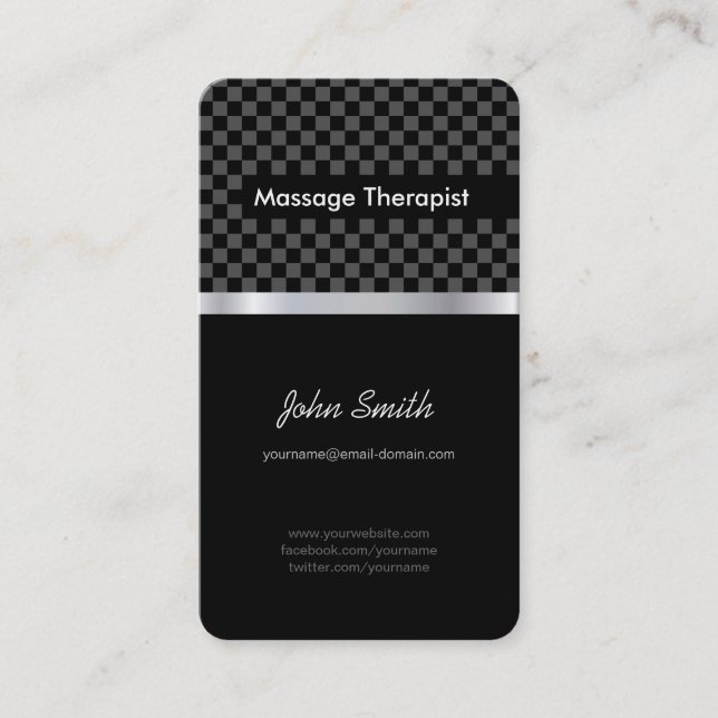 Massage Therapist - Elegant Black Checkered Business Card (Front)