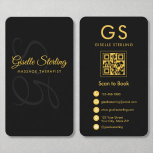 Massage Therapist Monogram Black Gold QR Code Business Card