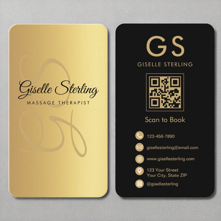 Massage Therapist Monogram Gold Black QR Code Business Card