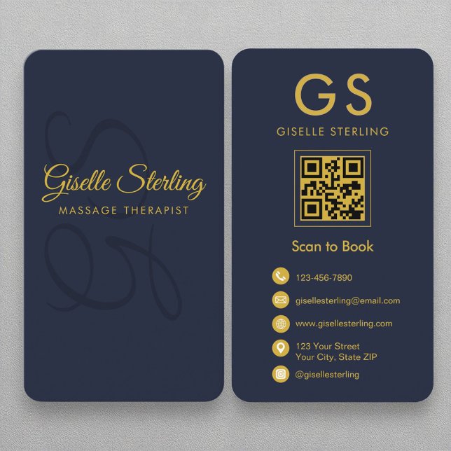 Massage Therapist Monogram Navy Blue Gold QR Code Business Card (Creator Uploaded)