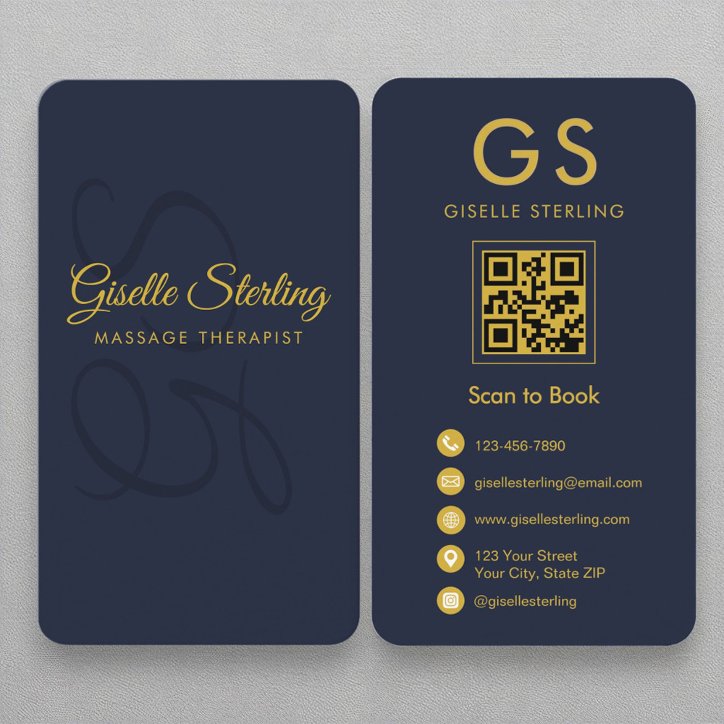 Massage Therapist Monogram Navy Blue Gold QR Code Business Card