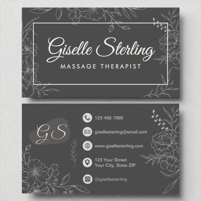 Massage Therapist Moody Charcoal Gray Floral  Business Card (Creator Uploaded)