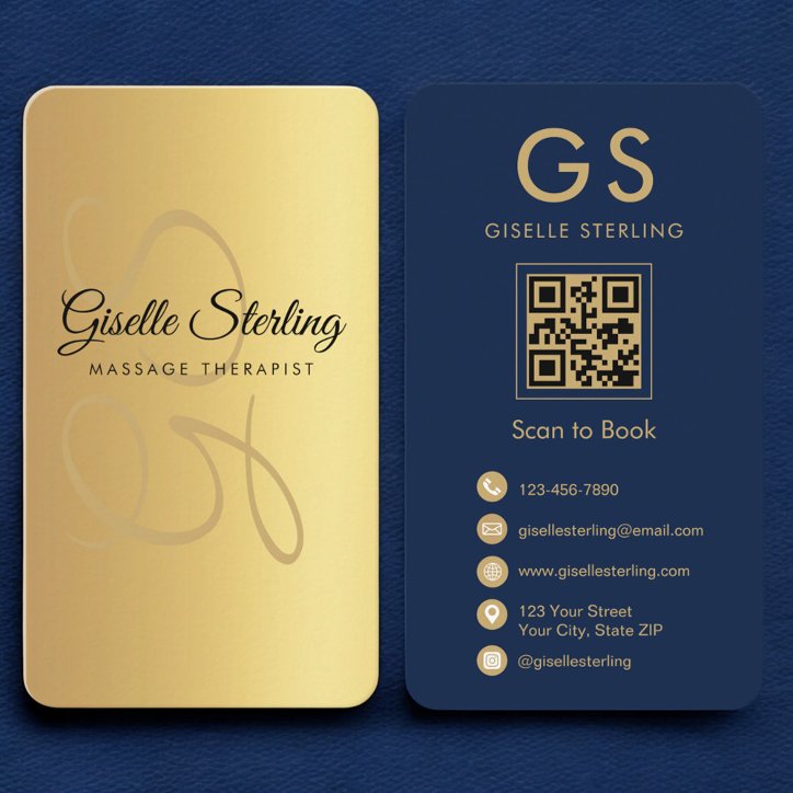 Massage Therapist Navy Blue Gold QR Code Monogram Business Card