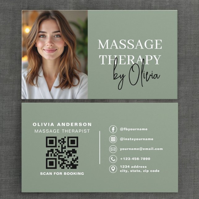 Massage Therapist Photo Luxury Sage Green  Business Card (Creator Uploaded)