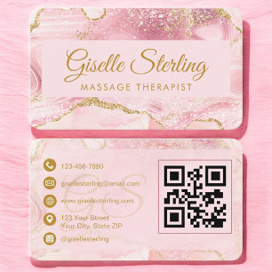Massage Therapist Pink Gold Agate QR Code Business Card