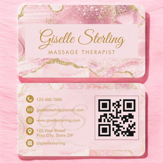 Massage Therapist Pink Gold Agate QR Code Business Card (Creator Uploaded)