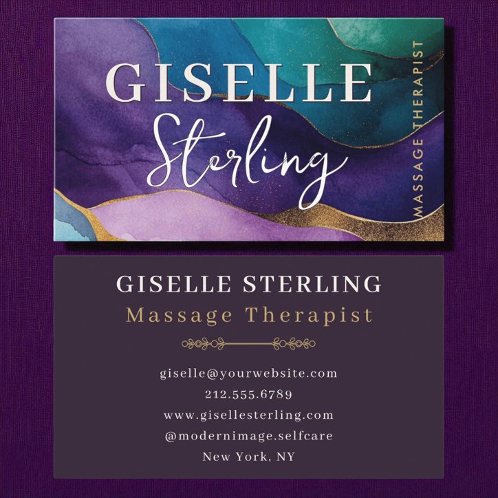 Massage Therapist Purple Gold Modern Watercolor Business Card