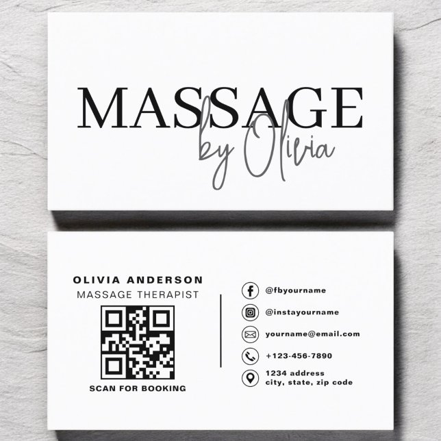 Massage Therapist QR Code Black White Business Card (Creator Uploaded)