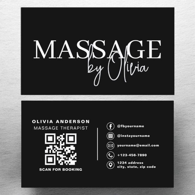 Massage Therapist QR Code Black White Business Card (Creator Uploaded)