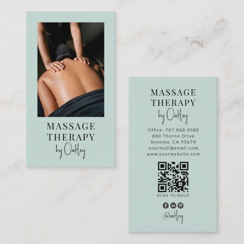 Massage Therapist QR Code Blue Green Photo Business Card