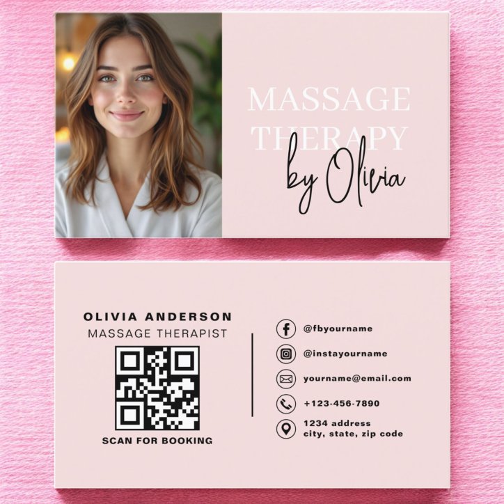 Massage Therapist QR Code Blush Pink Photo Business Card