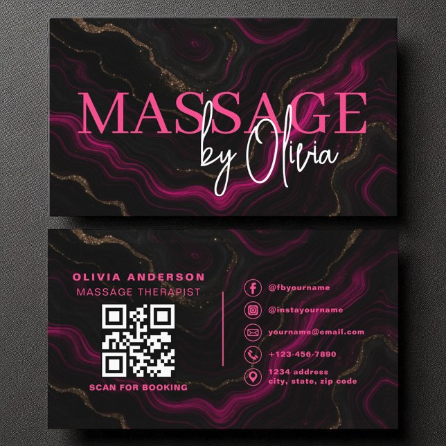 Massage Therapist QR Code Hot Pink Agate Marble Business Card (Creator Uploaded)