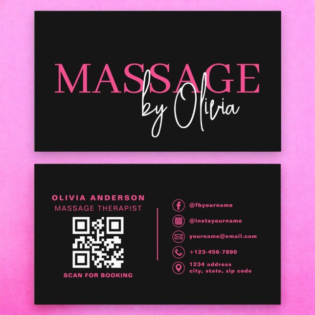 Massage Therapist QR Code Hot Pink  Business Card (Creator Uploaded)
