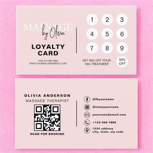 Customizable Massage Therapist QR Code Pink Loyalty Card