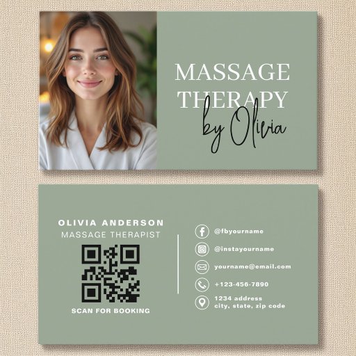 Customizable Massage Therapist QR Code Sage Green Photo Business Card