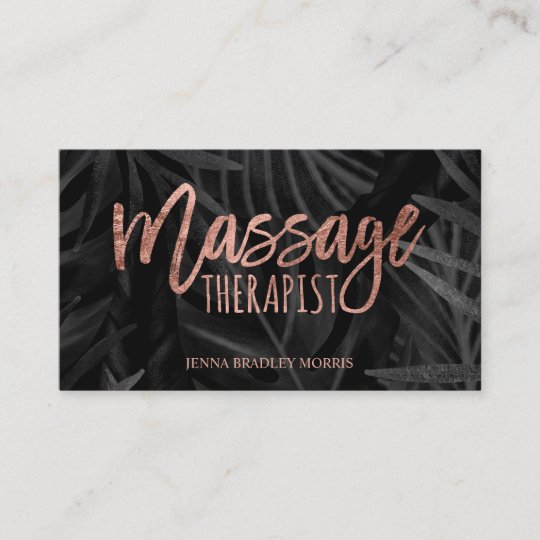 Massage Therapist Script Rose Gold Palm Leaf Business Card