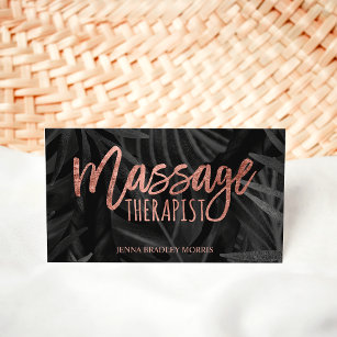 Massage therapist script rose gold palm leaf business card