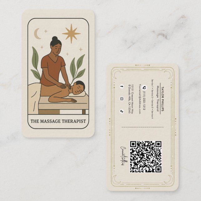 Massage Therapist Tarot Social Media QR Business Card (Front/Back)