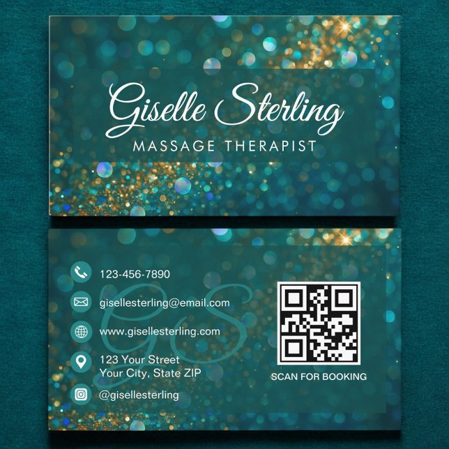 Massage Therapist Teal Gold Glitter Opal QR Code Business Card (Creator Uploaded)