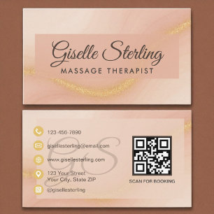 Massage Therapist Watercolor Gold Monogram QR Code Business Card